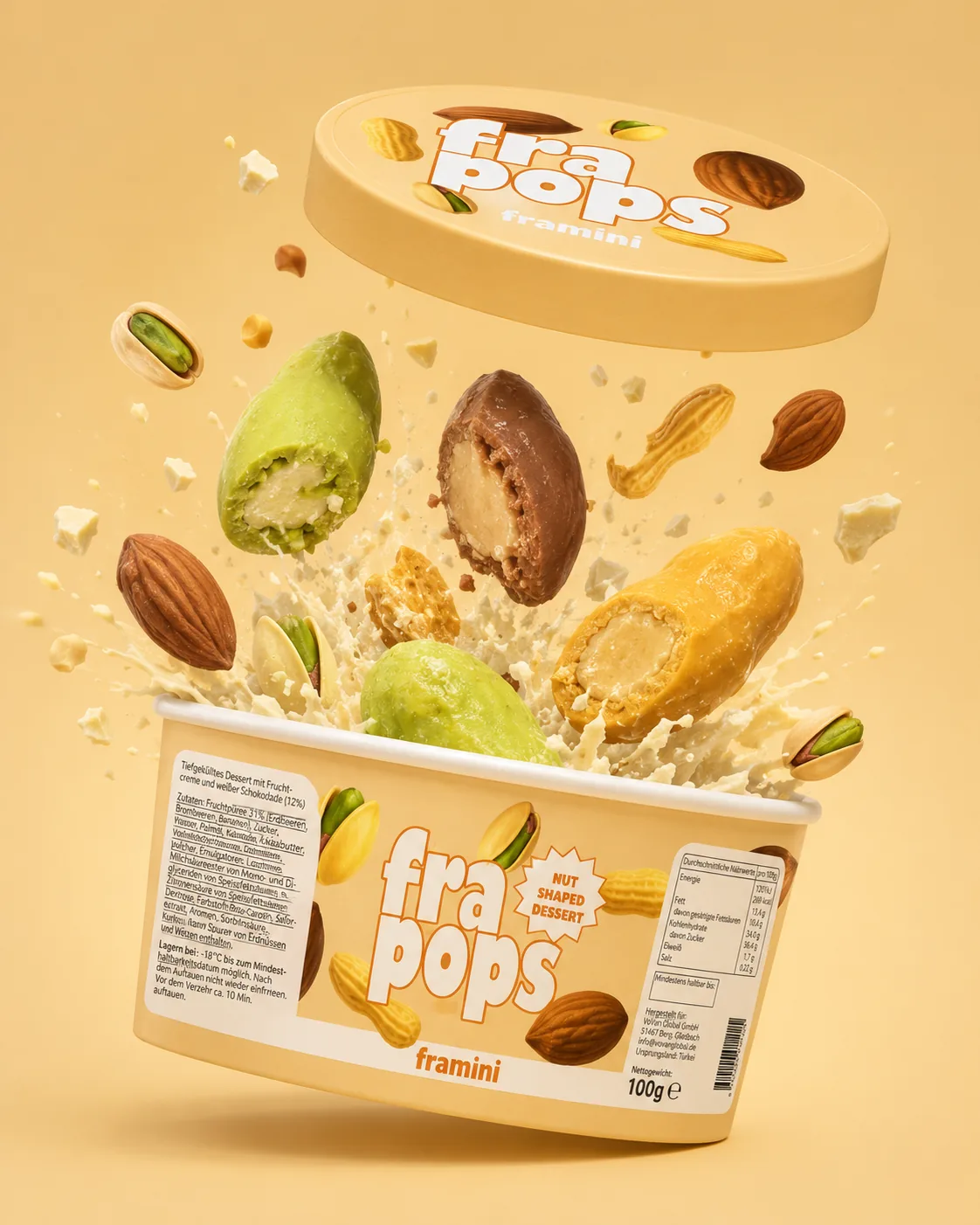 Framini Nutpops - Dessert in Nussform: Pistazie, Mandel und Erdnuss im 100g Becher