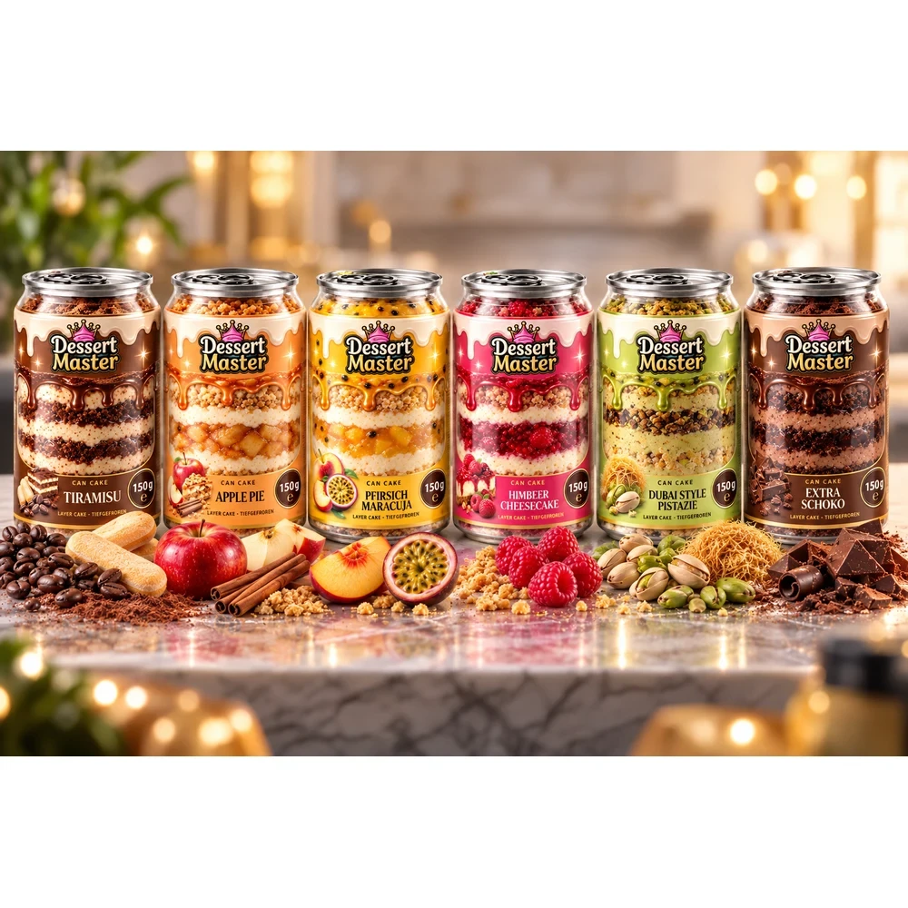 Kuchen in der Dose – Gourmet Layer Cake, fünf Dosen mit sichtbaren Schichten