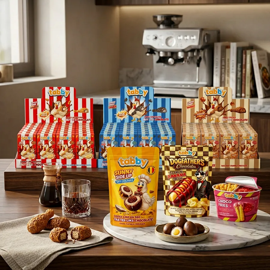 TABBY Schokoladen-Showcase mit allen 4 Linien: Drumstick, Hotdog, Sunny Side Egg, Choco Pommes